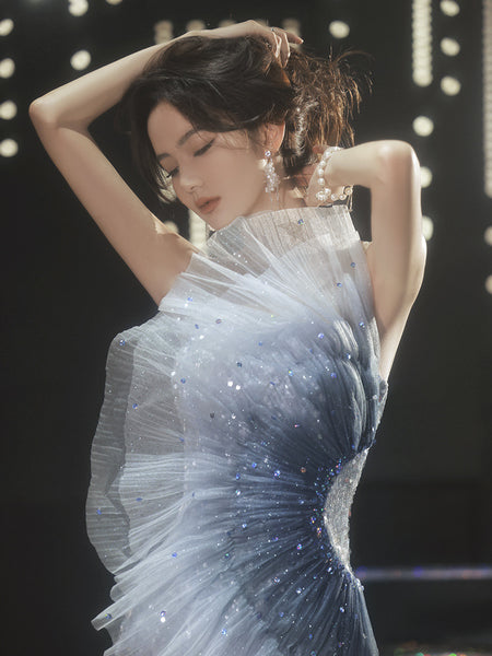 Elegant Beauty Ladies Gradient Blue Color Change Tube Top Off Shoulder Fishtail Show Evening Dress