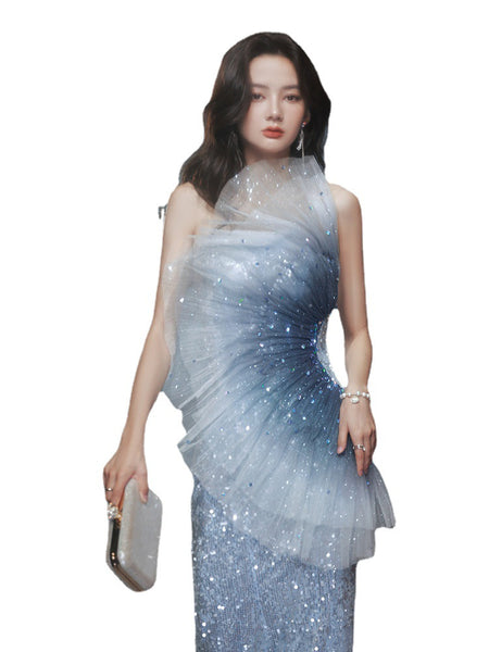 Elegant Beauty Ladies Gradient Blue Color Change Tube Top Off Shoulder Fishtail Show Evening Dress