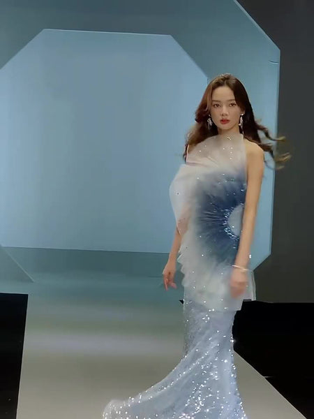 Elegant Beauty Ladies Gradient Blue Color Change Tube Top Off Shoulder Fishtail Show Evening Dress