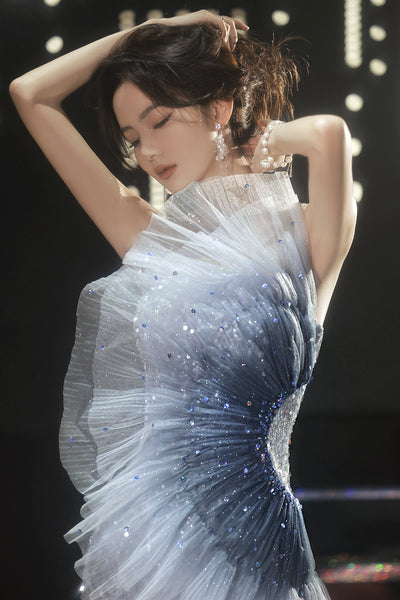 Elegant Beauty Ladies Gradient Blue Color Change Tube Top Off Shoulder Fishtail Show Evening Dress