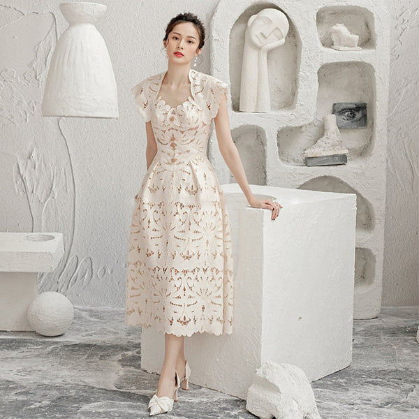 Sexy Temperament Sundress Vestidos Party Beige Floral Printed Mid Length Lace Hollow Dress