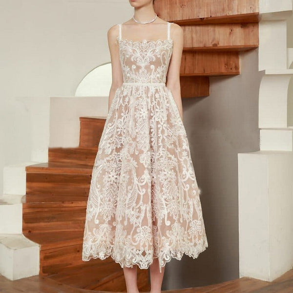 Sexy Temperament Sundress Vestidos Party Beige Floral Printed Mid Length Lace Hollow Dress