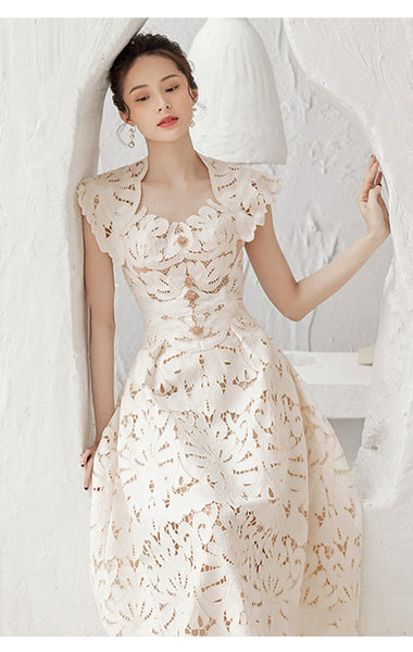 Sexy Temperament Sundress Vestidos Party Beige Floral Printed Mid Length Lace Hollow Dress