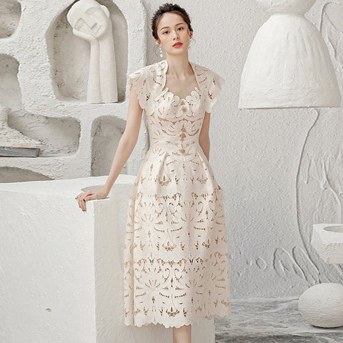 Sexy Temperament Sundress Vestidos Party Beige Floral Printed Mid Length Lace Hollow Dress