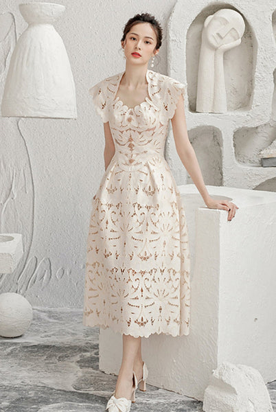 Sexy Temperament Sundress Vestidos Party Beige Floral Printed Mid Length Lace Hollow Dress