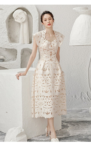 Sexy Temperament Sundress Vestidos Party Beige Floral Printed Mid Length Lace Hollow Dress