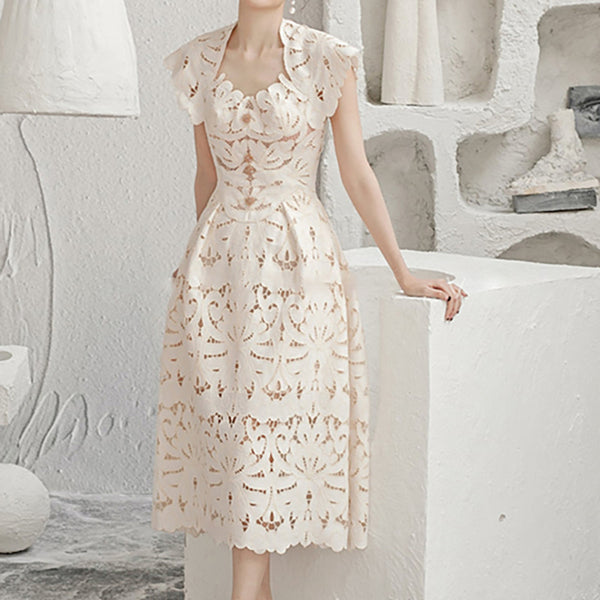 Sexy Temperament Sundress Vestidos Party Beige Floral Printed Mid Length Lace Hollow Dress