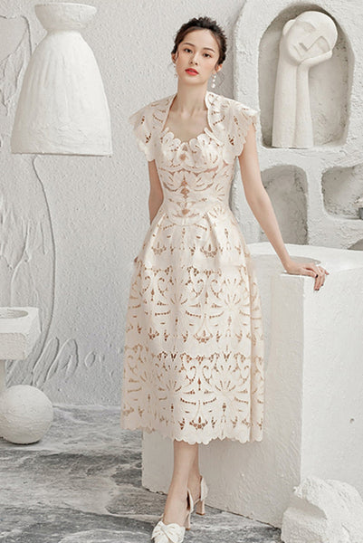 Sexy Temperament Sundress Vestidos Party Beige Floral Printed Mid Length Lace Hollow Dress