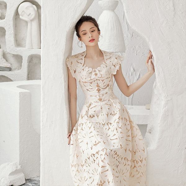 Sexy Temperament Sundress Vestidos Party Beige Floral Printed Mid Length Lace Hollow Dress