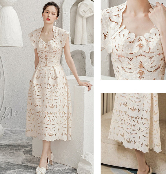 Sexy Temperament Sundress Vestidos Party Beige Floral Printed Mid Length Lace Hollow Dress