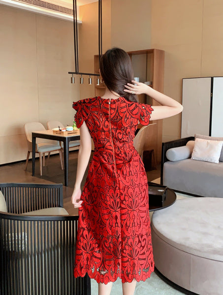 Sexy Attractive Sundress Embroidery Vestidos Party Red Floral Printed Mid Length Lace Hollow Dress