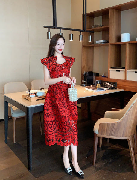 Sexy Attractive Sundress Embroidery Vestidos Party Red Floral Printed Mid Length Lace Hollow Dress