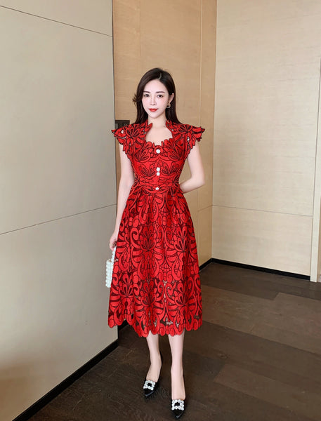 Sexy Attractive Sundress Embroidery Vestidos Party Red Floral Printed Mid Length Lace Hollow Dress