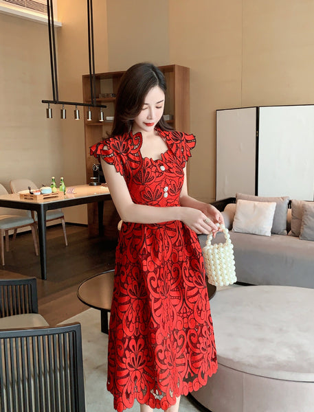 Sexy Attractive Sundress Embroidery Vestidos Party Red Floral Printed Mid Length Lace Hollow Dress