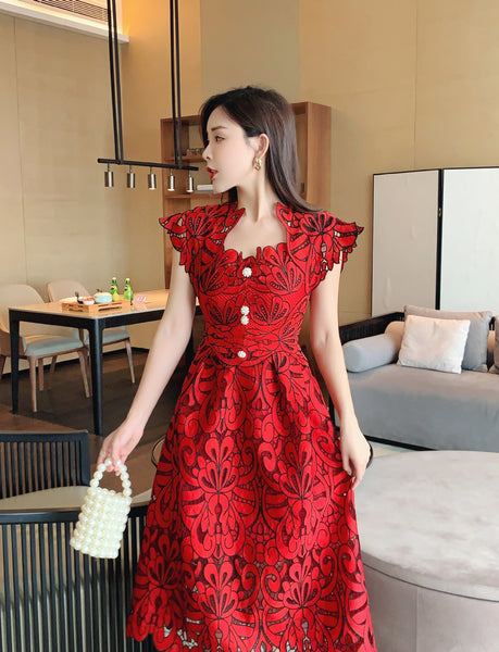 Sexy Attractive Sundress Embroidery Vestidos Party Red Floral Printed Mid Length Lace Hollow Dress