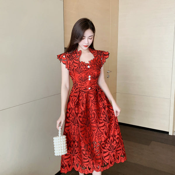 Sexy Attractive Sundress Embroidery Vestidos Party Red Floral Printed Mid Length Lace Hollow Dress