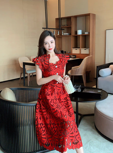 Sexy Attractive Sundress Embroidery Vestidos Party Red Floral Printed Mid Length Lace Hollow Dress