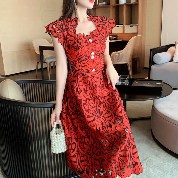 Sexy Attractive Sundress Embroidery Vestidos Party Red Floral Printed Mid Length Lace Hollow Dress