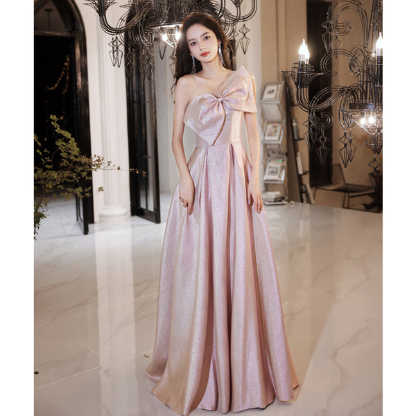 Temperament Chic Ladies Pink One Shoulder Big Bow Sleeveless Banquet Evening Prom Long Dress