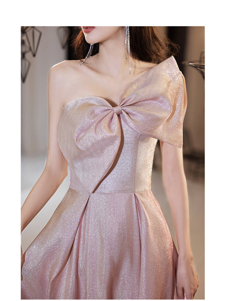 Temperament Chic Ladies Pink One Shoulder Big Bow Sleeveless Banquet Evening Prom Long Dress