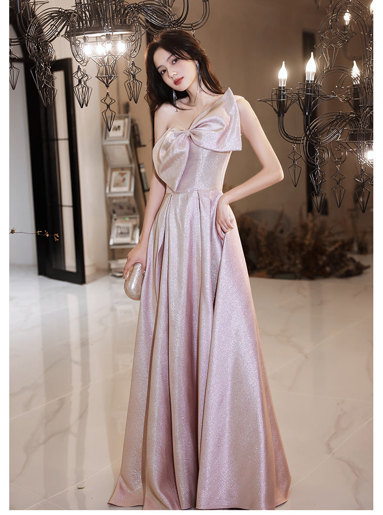 Temperament Chic Ladies Pink One Shoulder Big Bow Sleeveless Banquet Evening Prom Long Dress