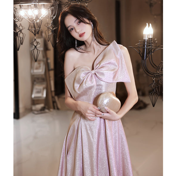 Temperament Chic Ladies Pink One Shoulder Big Bow Sleeveless Banquet Evening Prom Long Dress