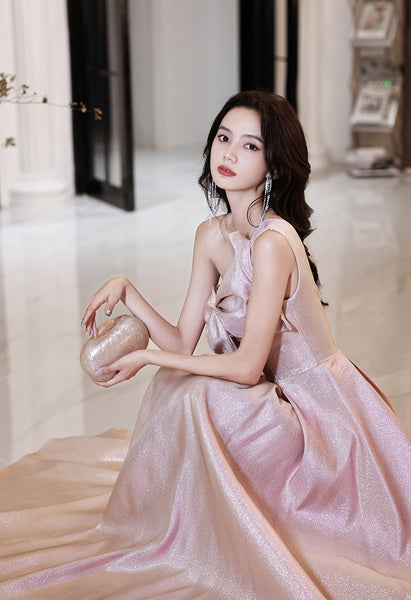 Temperament Chic Ladies Pink One Shoulder Big Bow Sleeveless Banquet Evening Prom Long Dress