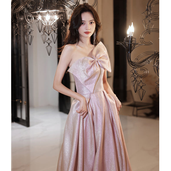 Temperament Chic Ladies Pink One Shoulder Big Bow Sleeveless Banquet Evening Prom Long Dress