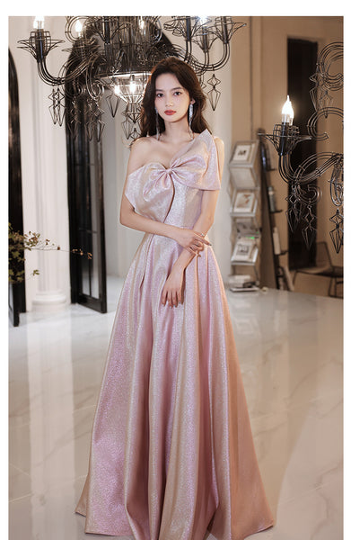 Temperament Chic Ladies Pink One Shoulder Big Bow Sleeveless Banquet Evening Prom Long Dress