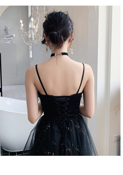 Temperament Women Special Black Evening Banquet Meeting Party Spaghetti Strap Pleated Tutu Dress