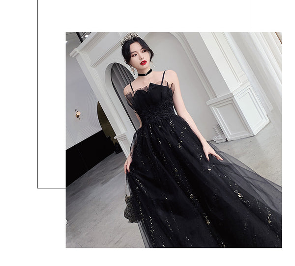Temperament Women Special Black Evening Banquet Meeting Party Spaghetti Strap Pleated Tutu Dress