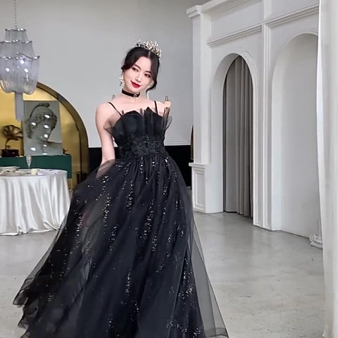 Temperament Women Special Black Evening Banquet Meeting Party Spaghetti Strap Pleated Tutu Dress