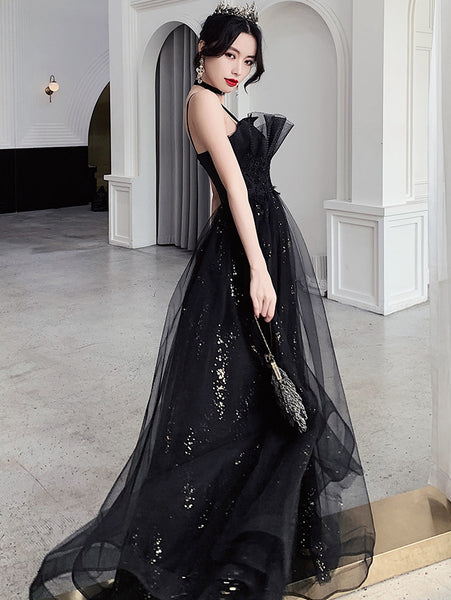 Temperament Women Special Black Evening Banquet Meeting Party Spaghetti Strap Pleated Tutu Dress