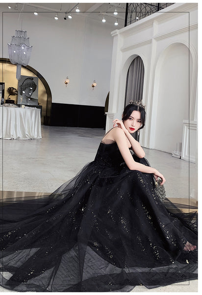Temperament Women Special Black Evening Banquet Meeting Party Spaghetti Strap Pleated Tutu Dress
