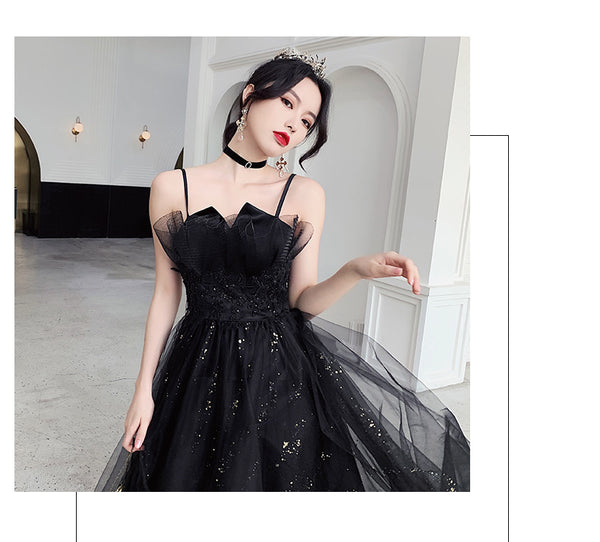Temperament Women Special Black Evening Banquet Meeting Party Spaghetti Strap Pleated Tutu Dress