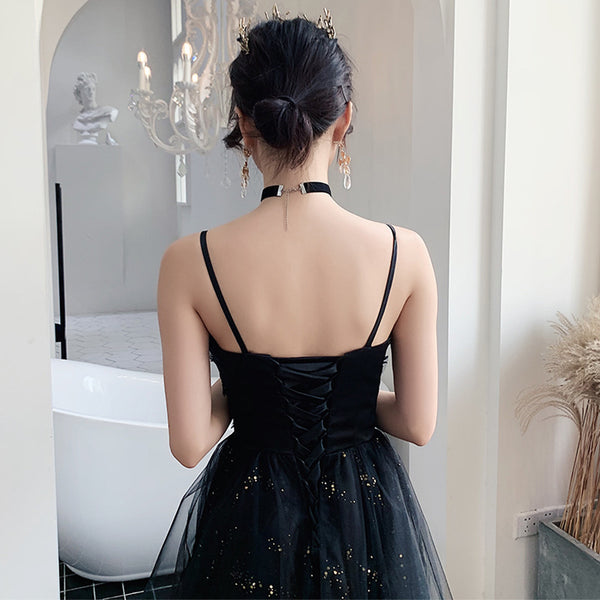 Temperament Women Special Black Evening Banquet Meeting Party Spaghetti Strap Pleated Tutu Dress