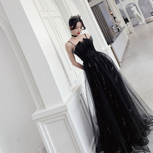 Temperament Women Special Black Evening Banquet Meeting Party Spaghetti Strap Pleated Tutu Dress