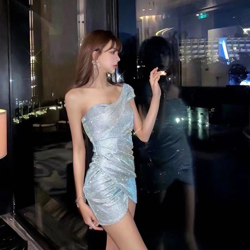 Temperament Trendy Hot Ladies Blink Wink Sparkling One Shoulder Slim Look Mini Pleated Dress Skirt
