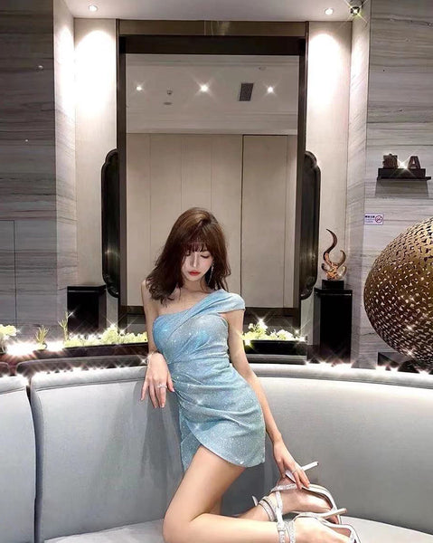 Temperament Trendy Hot Ladies Blink Wink Sparkling One Shoulder Slim Look Mini Pleated Dress Skirt