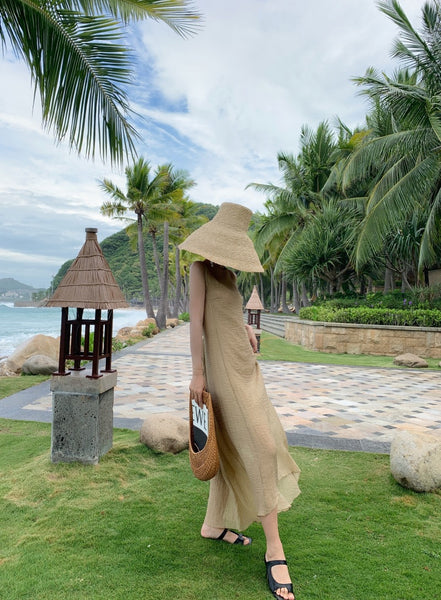 Stylish Temperament Back Bow Tie Holiday Beach High Backless Sleeveless Banquet Party Light Brown Long Dress