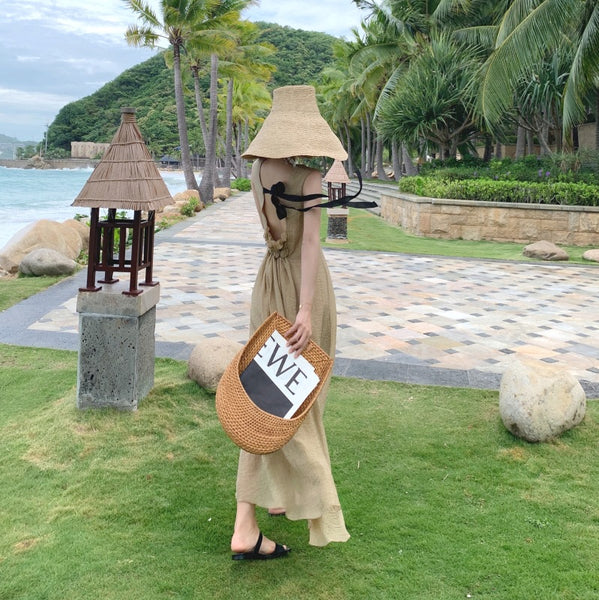 Stylish Temperament Back Bow Tie Holiday Beach High Backless Sleeveless Banquet Party Light Brown Long Dress