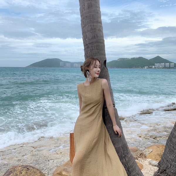 Stylish Temperament Back Bow Tie Holiday Beach High Backless Sleeveless Banquet Party Light Brown Long Dress