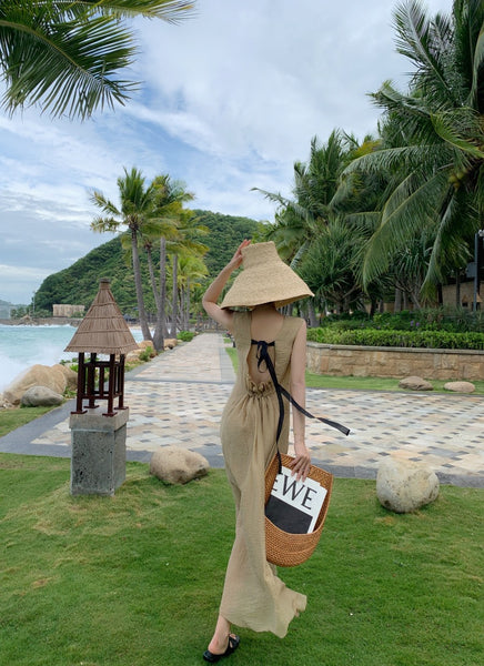 Stylish Temperament Back Bow Tie Holiday Beach High Backless Sleeveless Banquet Party Light Brown Long Dress