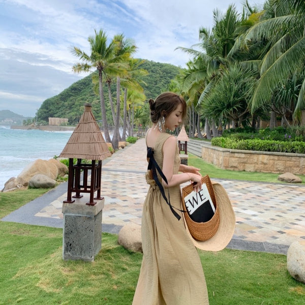 Stylish Temperament Back Bow Tie Holiday Beach High Backless Sleeveless Banquet Party Light Brown Long Dress