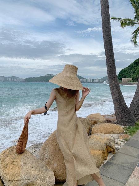 Stylish Temperament Back Bow Tie Holiday Beach High Backless Sleeveless Banquet Party Light Brown Long Dress