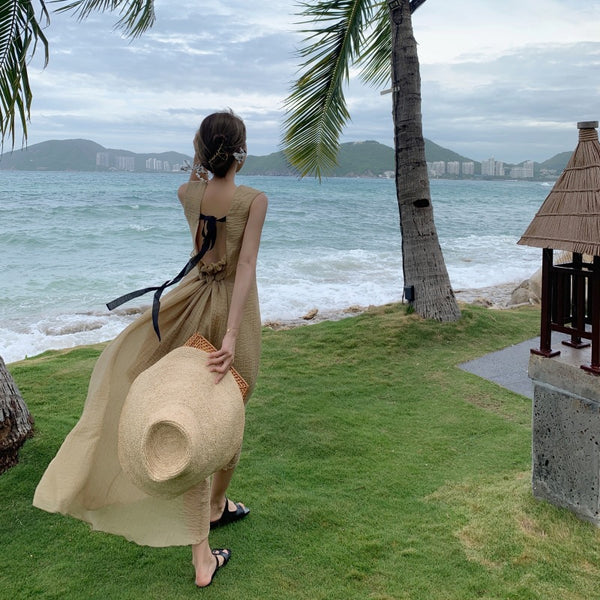 Stylish Temperament Back Bow Tie Holiday Beach High Backless Sleeveless Banquet Party Light Brown Long Dress