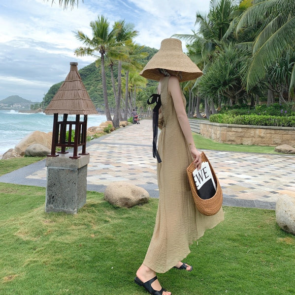 Stylish Temperament Back Bow Tie Holiday Beach High Backless Sleeveless Banquet Party Light Brown Long Dress