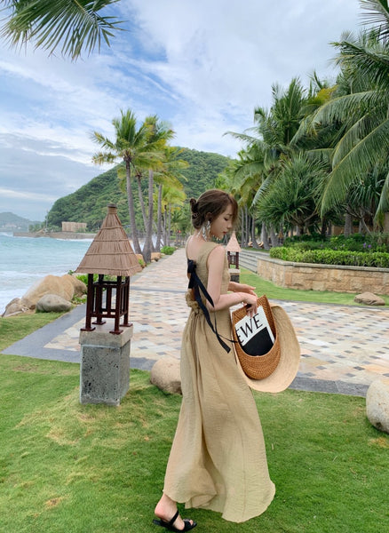 Stylish Temperament Back Bow Tie Holiday Beach High Backless Sleeveless Banquet Party Light Brown Long Dress