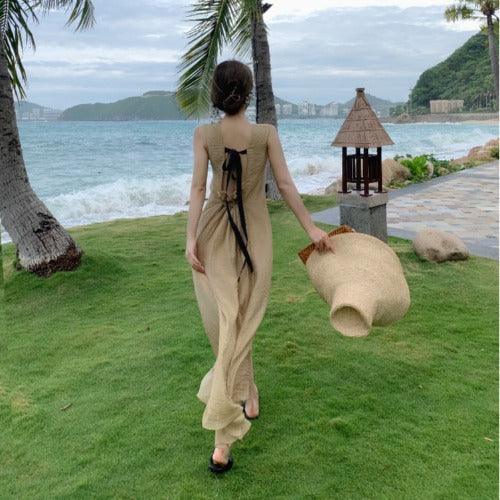 Stylish Temperament Back Bow Tie Holiday Beach High Backless Sleeveless Banquet Party Light Brown Long Dress