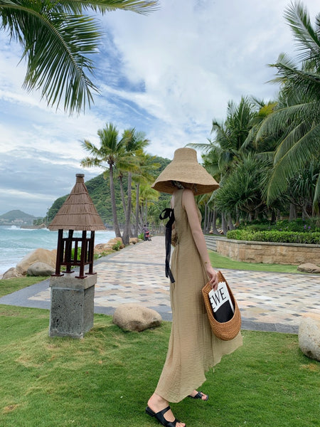 Stylish Temperament Back Bow Tie Holiday Beach High Backless Sleeveless Banquet Party Light Brown Long Dress